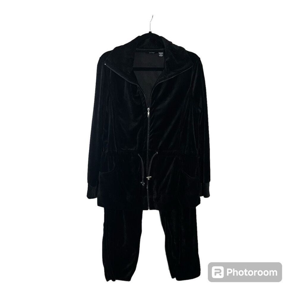 Kaktus Stretch Velvet Jog Suit Women’s XLarge Black Full Zip Pockets Tie Waist